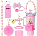 Set de accesorios rosa para termo con cubre pajita, cordón y pompón de peluche - Juego de 8 Piezas 12-Funda de Cuero Rosa