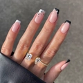 French tip press-on nails with black and white starburst and gold open ring jewelry - Black White Star French Style (JP2149)