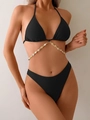 Black halter bikini with shell chain detail and high cut bottoms for beach party - S / Black