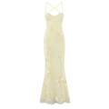 Elegant yellow bodycon maxi dress with 3D floral embroidery and fishtail hem - Yellow