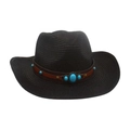 Chapeau de cow-boy tressé noir avec bande en cuir marron et pierres turquoise - Noir