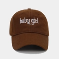 Close-up of white gothic baby girl embroidery on brown cotton twill baseball cap - Coffee