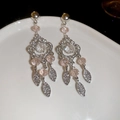 Silver leaf tassel earrings with pink crystals and bohemian style fringe details - Bohemian Crystal Leaf Tassel Style (69#)