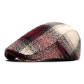 Vintage red and black herringbone newsboy cap for men and women in tweed fabric - Three-color Herringbone Plaid Patchwork / Burgundy