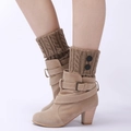 Women's brown knitted boot cuffs with wooden buttons paired with beige suede boots - One Size / Khaki