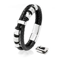 Men's double-layered black woven leather bracelet with polished silver magnetic clasp - Double Layer Upper Lower Ring / Steel