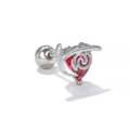 Macro shot of silver heart ear stud with red gemstone and screw ball closure - Vintage Hollow Heart / Silver