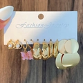 Fashion earring set featuring gold hoops, pearl studs and pink butterfly pendants on card - 35kc Gold 2209