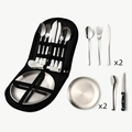 2-person stainless steel camping cutlery set with plates and black storage case - Silver 10-Piece Set