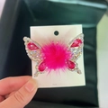 Rose red butterfly hair clip with pink crystal, fluffy pompom and sparkling rhinestones - Pompom Butterfly (F0005) / Rose Red