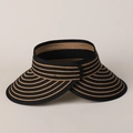 Close-up of black and khaki striped straw sun visor with wide brim and adjustable back - M(56-58cm) / Striped