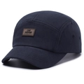 Navy blue 5-panel camper cap with a brown leather label on a high-quality cotton fabric - Adjustable / Navy Blue