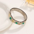 Elastic stainless steel bracelet in silver and gold tone with green gemstone and crystals - Green Gemstone Two-Tone Style (07 Gold)