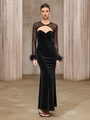 Elegantes Abendkleid aus schwarzem Samt mit transparenten Ärmeln und Federbesatz - S / Schwarz
