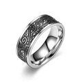 Close-up of vintage stainless steel ring featuring black wave patterns on silver band - Sea Wave Pattern (8MM Black Oil)