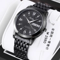 Detail view of Tsohy black metal watch with Roman numerals and day-date window display - Black Black Dial