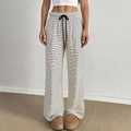 Women's wide leg trousers with black and white horizontal stripes and a drawstring waist - M / Black & White Stripes