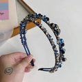 Double-layered crystal beaded headband in deep blue with gold hollow metallic charms - Double Layer Full Diamond Style / Blue