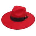 Detailed close-up of red felt fedora with a black faux leather band and silver buckle - Red Heart (Black Wide Leather)