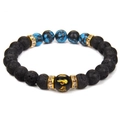 Close-up of lava rock yoga bracelet featuring six-syllable mantra bead and gold spacers - Blue And Black Style (FD8212)