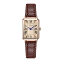 Vintage square women's watch with brown leather strap and gold case with blue hands - Rose Gold Case Brown Strap