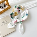 White satin silk square scarf featuring cartoon dog and strawberry prints - Strawberry Dog / 70x70cm