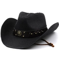 Men's black wide-brim woven straw cowboy hat with leather band and adjustable chin strap - M (56-58cm) / Black