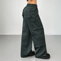 Pantaloni cargo grigio scuro a gamba larga con vita alta elastica e multi-tasche - S / grigio scuro