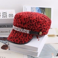 Flat top red leopard print faux fur navy hat with a stylish CD PARIS metal buckle - Leopard Plush Flat Top / Red Leopard