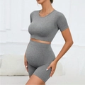 Grey maternity workout set with ribbed crop top and high-waist support shorts - S / Dark Gray