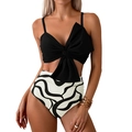 Zweiteiliger Bikini mit schwarzem Schleifen-Top und Wellenmuster-Hose mit hohem Bund - S / Schwarz und Weiß Gestreift