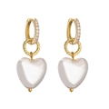 Elegant gold heart earrings with white pearl pendants and sparkling zircon accents - Pair of Earrings / Gold