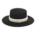 Elegant black boater straw hat featuring layered white pearl accents for beach travel - Black