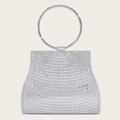 Sparkling silver rhinestone evening clutch with elegant circular metal handle for women - Silver