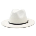 Detailaufnahme der weißen Filz-Fedora mit schmalem schwarzem Lederband und goldener Schnalle - Verstellbar / Weiß