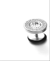 Silver round steel stud earring featuring a Greek fret pattern and a clear centered crystal - Round Zirconia Dumbbell Stud Earring (MS-555) / Steel