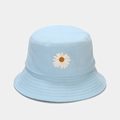 Close-up of light blue cotton bucket hat featuring detailed white daisy embroidery detail - M (56-58cm) / Light Blue
