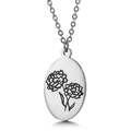 Silver stainless steel oval pendant necklace with engraved flower detail for women - October Marigold (KN227543-Z)
