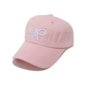 Detailed close-up of pink cotton baseball cap with rhinestone bow embroidery - M (56-58cm) / Pink