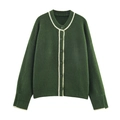 Cardigan in maglia verde scuro da donna con finiture bianche e scollo rotondo - S / Verde Scuro/Bianco