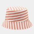 Detailed view of orange and white striped cotton fabric on a sun protection bucket hat - Orange and White Alternating Stripes (Color #25)