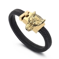 Pulsera trenzada de cuero negro para hombre con cierre metálico de cabeza de lobo - 19cm Dorado