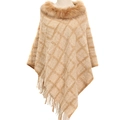 Poncho en maille à carreaux beige avec col en fausse fourrure et bordure à franges - 85*80CM / Kaki