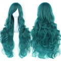 Long teal blue wavy cosplay wig with thick curls and bangs for women, dual view - Green