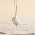 Gold paperclip chain necklace with large baroque freshwater pearl and OT clasp toggle - Satellite Chain Style