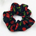 Elastic black scrunchie with sweet red cherry print for women's ponytails - Black Base Red Cherry Print / Black Cherry