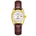 Women's gold quartz watch with brown leather strap and white date display dial - Brown Strap Gold Case White Dial Women's