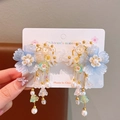 Traditional Chinese style flower hair clips with blue petals and pearl tassels - Wangyue Blue (061#)