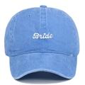 Detailed view of white cursive Bride embroidery on a washed blue cotton baseball cap - Adjustable / Light Blue