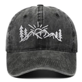 Washed cotton baseball cap with white mountain and sun embroidery for outdoor wear - Black